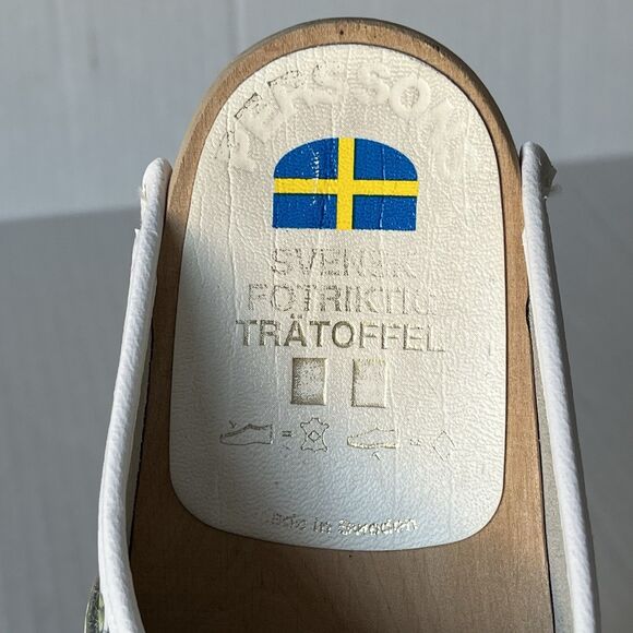 Swedish Svensk Fotriktig Tratoffel White Leather Floral Slip On Wooden Clogs 37 - Picture 10 of 11